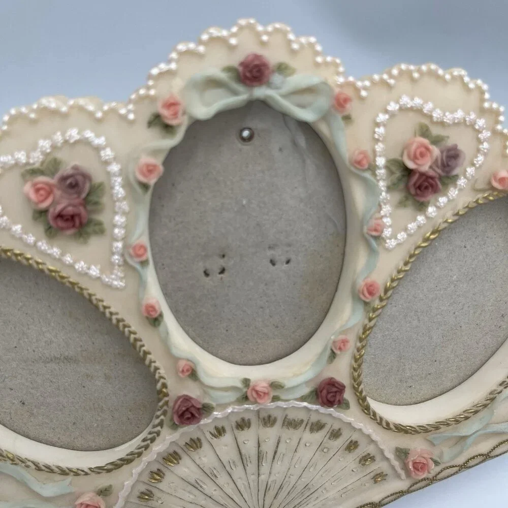 Dezine Victorian Style 3 Photo Picture Frame Hand Fan Shaped Boudoir Vanity 90s
